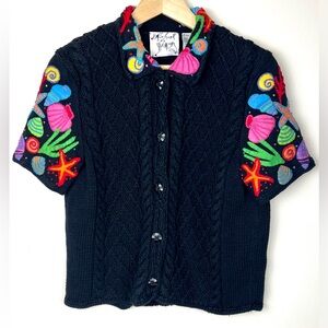 Vintage 90’s 1997 Michael Simon New York Embroidered Shells Seashore Cardigan